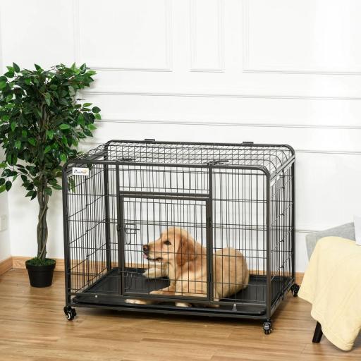 Jaula para Perros Plegable de Metal Jaula para Perros Grandes 109,5x71x78 cm con Ruedas y Frenos Bandeja Extraíble y Puerta con Pestillos para Golden Retriver Labrador Gris Oscuro