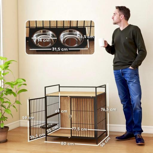 Jaula para Perros Mesa Auxiliar Moderna con Soporte Giratorio con 2 Tazones y 2 Puertas 80x56x76,5 cm Roble [1]
