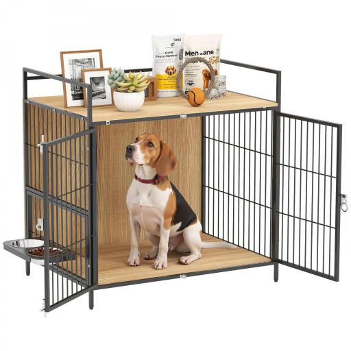 Jaula para Perros Mesa Auxiliar Moderna con Soporte Giratorio con 2 Tazones y 2 Puertas 80x56x76,5 cm Roble [8]