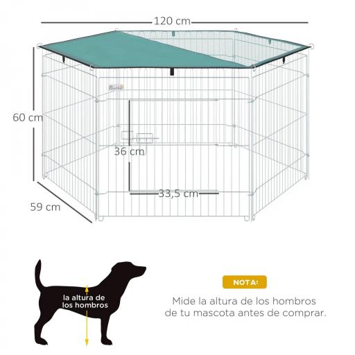 Parque de Juegos para Perros 6 Paneles 59x60 cm Plegables Empalme libre Valla Metálica para Mascotas con Puerta con Pestillo y Toldo Superior para Jardín Patio Exterior Plata [1]