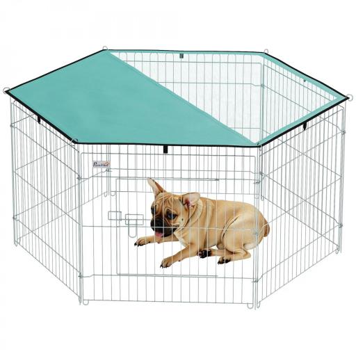 Parque de Juegos para Perros 6 Paneles 59x60 cm Plegables Empalme libre Valla Metálica para Mascotas con Puerta con Pestillo y Toldo Superior para Jardín Patio Exterior Plata [9]