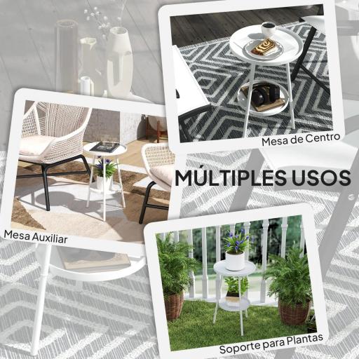Mesa de Jardín Redonda de 2 Niveles con Bordes Elevados Bandeja Inferior para Exterior e Interior Ø32x51 cm Blanco [4]