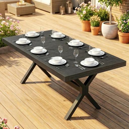 Mesa de Comedor Exterior Extensible 154/214 cm para 8-10 Personas de Aluminio Acero con Tapa Imitación Madera Gris [3]