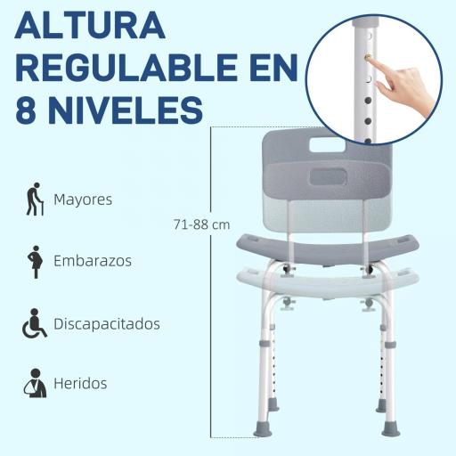 Taburete de Ducha Silla para Ducha con Respaldo Antideslizante Altura Regulable en 8 Niveles Carga 136 kg [7]