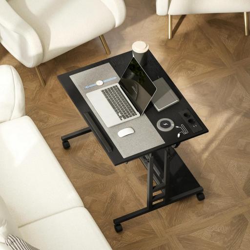 Escritorio Elevable con Ruedas Enchufes Puertos USB Altura Ajustable Panel Central Inclinado y Estante 80x60 cm Negro [8]