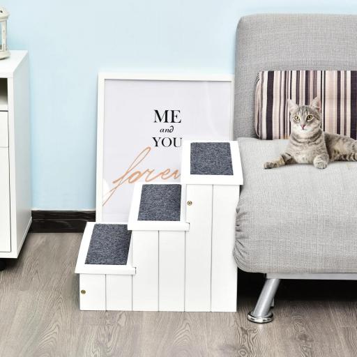Escalera para Mascotas 3 Peldaños con Espacio de Almacenaje y Alfombra Antideslizantes Portátil Madera para Vehículo Carga 30 kg 40,5x44,5x38 cm Blanco [3]