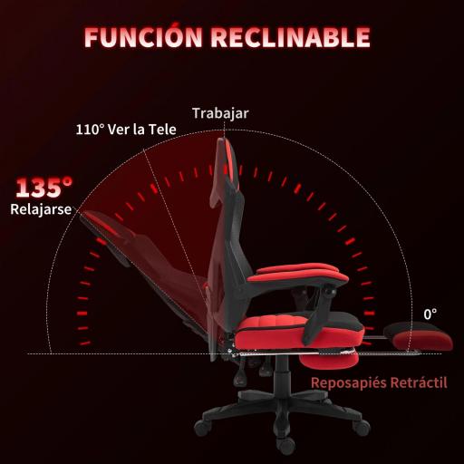 Silla de Oficina con Reposapiés Altura Regulable y Respaldo Reclinable 135° 58x63x112-122 cm Rojo y Negro [5]