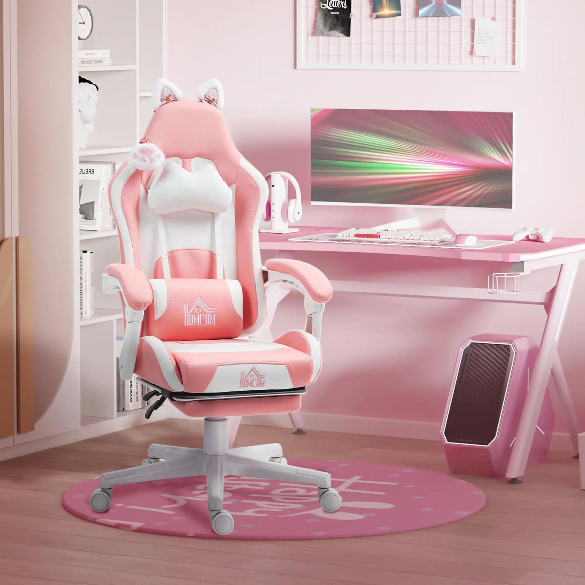 Silla Gamer Reclinable con Altura Ajustable Reposapiés Retráctil Soporte Lumbar y Reposacabezas Desmontable Rosa