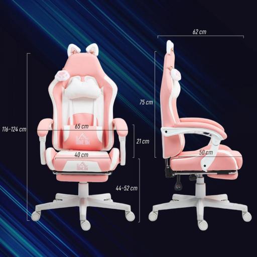 Silla Gamer Reclinable con Altura Ajustable Reposapiés Retráctil Soporte Lumbar y Reposacabezas Desmontable Rosa [4]