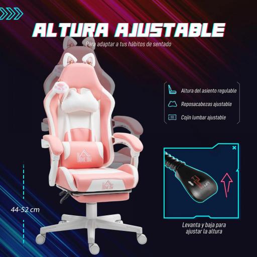Silla Gamer Reclinable con Altura Ajustable Reposapiés Retráctil Soporte Lumbar y Reposacabezas Desmontable Rosa [5]
