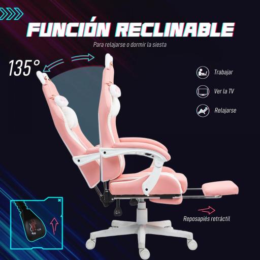 Silla Gamer Reclinable con Altura Ajustable Reposapiés Retráctil Soporte Lumbar y Reposacabezas Desmontable Rosa [2]