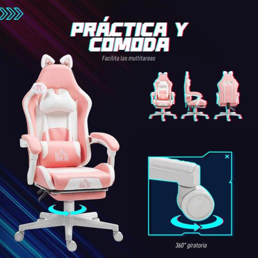 Silla Gamer Reclinable con Altura Ajustable Reposapiés Retráctil Soporte Lumbar y Reposacabezas Desmontable Rosa [6]