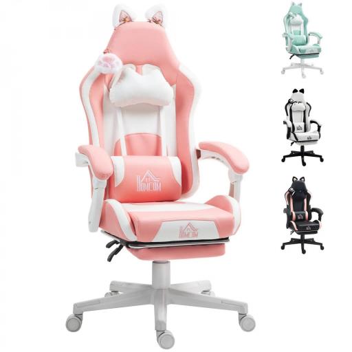 Silla Gamer Reclinable con Altura Ajustable Reposapiés Retráctil Soporte Lumbar y Reposacabezas Desmontable Rosa [8]