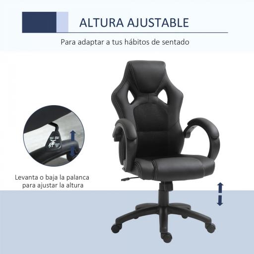 Silla de Oficina Silla Estudio con Función Basculante Altura Ajustable y Respaldo Alto Tapizado en Cuero PU y Malla Transpirable 71x61x108-118 cm Negro [2]