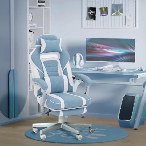 Silla Gamer Reclinable con Altura Ajustable Reposapiés Retráctil Soporte Lumbar y Reposacabezas Desmontable Azul