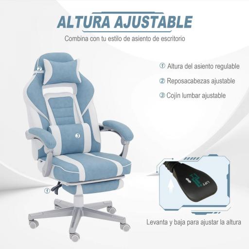 Silla Gamer Reclinable con Altura Ajustable Reposapiés Retráctil Soporte Lumbar y Reposacabezas Desmontable Azul [1]