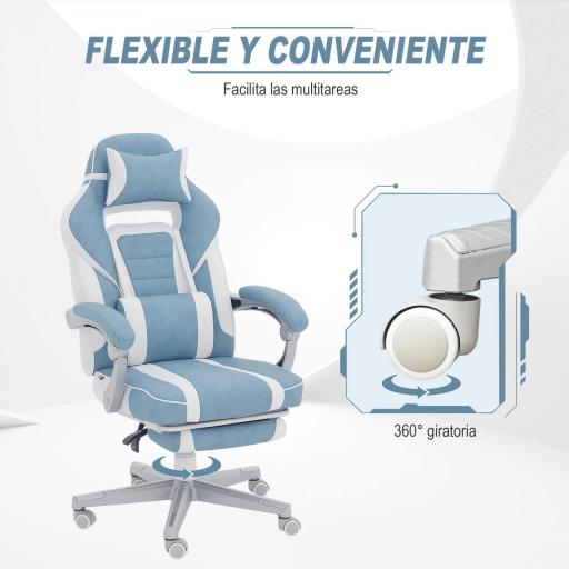 Silla Gamer Reclinable con Altura Ajustable Reposapiés Retráctil Soporte Lumbar y Reposacabezas Desmontable Azul [4]