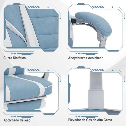 Silla Gamer Reclinable con Altura Ajustable Reposapiés Retráctil Soporte Lumbar y Reposacabezas Desmontable Azul [2]