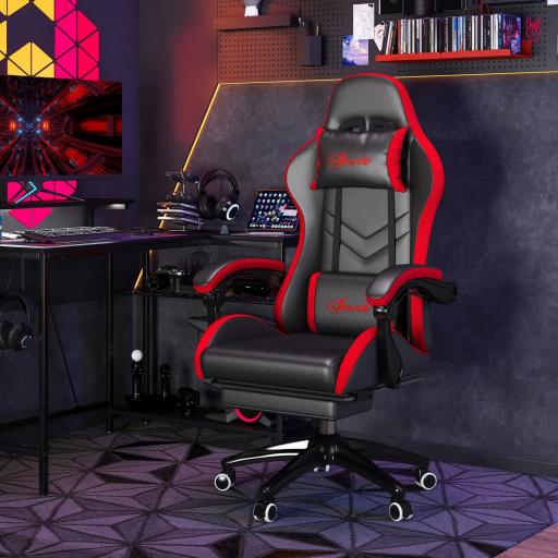 Silla Gaming de Cuero Sintético Reclinable 135° Reposacabezas y Reposapiés 65x65x121-129cm Negro y Rojo