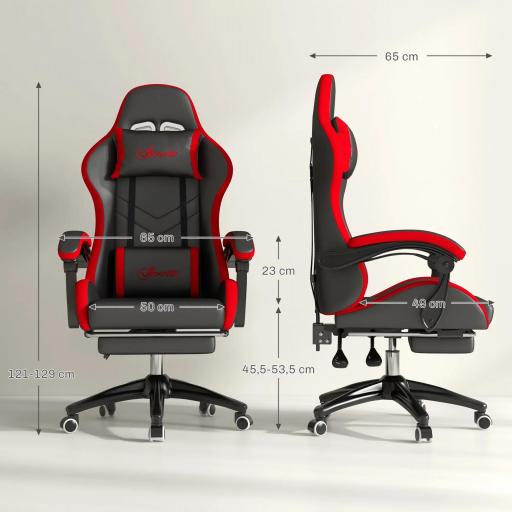 Silla Gaming de Cuero Sintético Reclinable 135° Reposacabezas y Reposapiés 65x65x121-129cm Negro y Rojo [1]