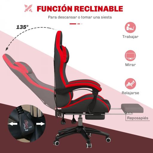 Silla Gaming de Cuero Sintético Reclinable 135° Reposacabezas y Reposapiés 65x65x121-129cm Negro y Rojo [3]