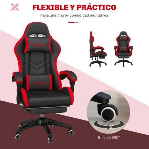 Silla Gaming de Cuero Sintético Reclinable 135° Reposacabezas y Reposapiés 65x65x121-129cm Negro y Rojo [5]