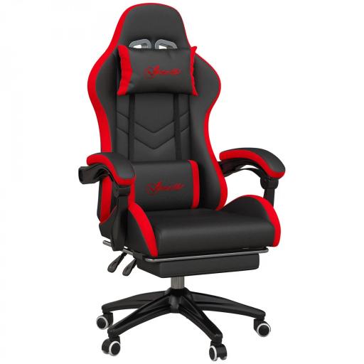 Silla Gaming de Cuero Sintético Reclinable 135° Reposacabezas y Reposapiés 65x65x121-129cm Negro y Rojo [9]