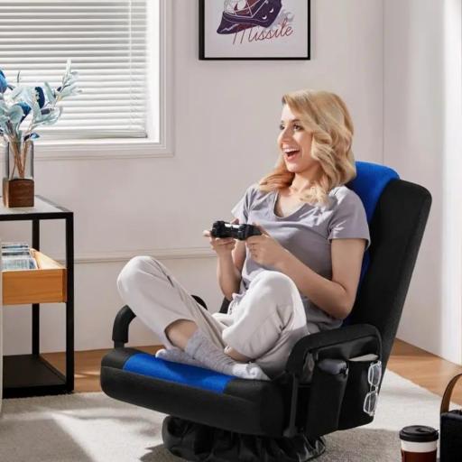 Silla de Piso Giratoria 360° con 6 Posiciones Ajustables, Bolsa Práctica y Reposabrazos, Silla Plegable para Gaming