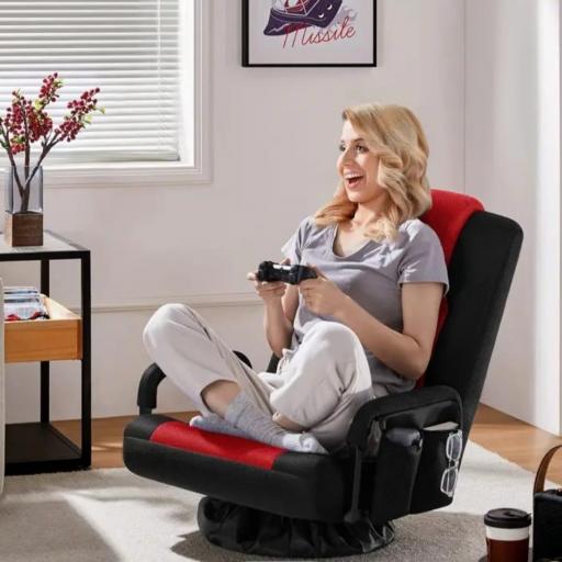 Silla de Piso Giratoria 360° con 6 Posiciones Ajustables, Bolsa Práctica y Reposabrazos, Silla Plegable para Gaming