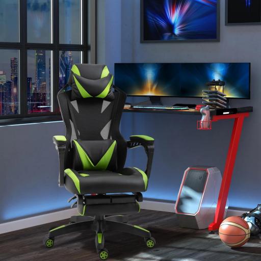 Silla Gaming Ergonómica Silla de Escritorio para Oficina con Altura Ajustable Respaldo Regulable de 170° Almohada Lumbar y Reposapiés Retráctil 65x70x117-125 cm Verde
