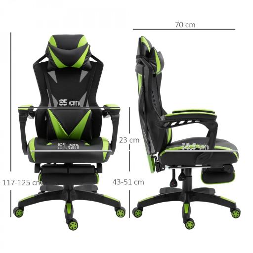 Silla Gaming Ergonómica Silla de Escritorio para Oficina con Altura Ajustable Respaldo Regulable de 170° Almohada Lumbar y Reposapiés Retráctil 65x70x117-125 cm Verde [1]