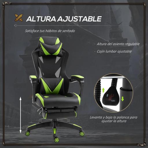 Silla Gaming Ergonómica Silla de Escritorio para Oficina con Altura Ajustable Respaldo Regulable de 170° Almohada Lumbar y Reposapiés Retráctil 65x70x117-125 cm Verde [3]