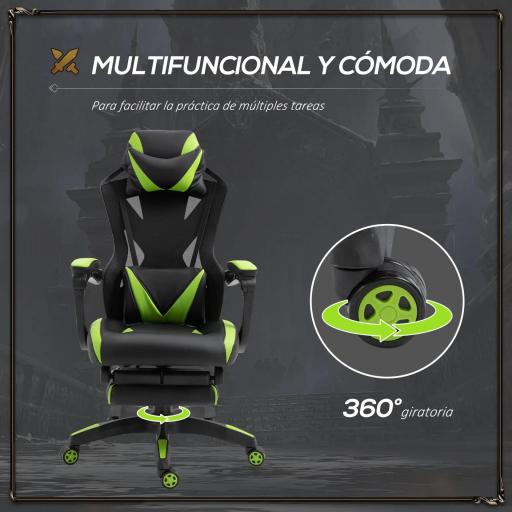 Silla Gaming Ergonómica Silla de Escritorio para Oficina con Altura Ajustable Respaldo Regulable de 170° Almohada Lumbar y Reposapiés Retráctil 65x70x117-125 cm Verde [4]