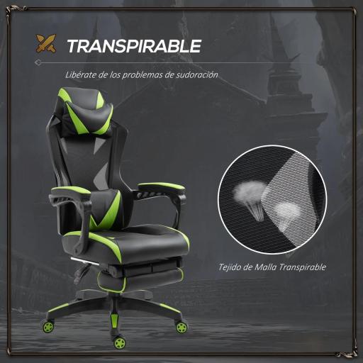 Silla Gaming Ergonómica Silla de Escritorio para Oficina con Altura Ajustable Respaldo Regulable de 170° Almohada Lumbar y Reposapiés Retráctil 65x70x117-125 cm Verde [6]