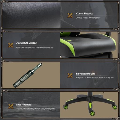 Silla Gaming Ergonómica Silla de Escritorio para Oficina con Altura Ajustable Respaldo Regulable de 170° Almohada Lumbar y Reposapiés Retráctil 65x70x117-125 cm Verde [5]