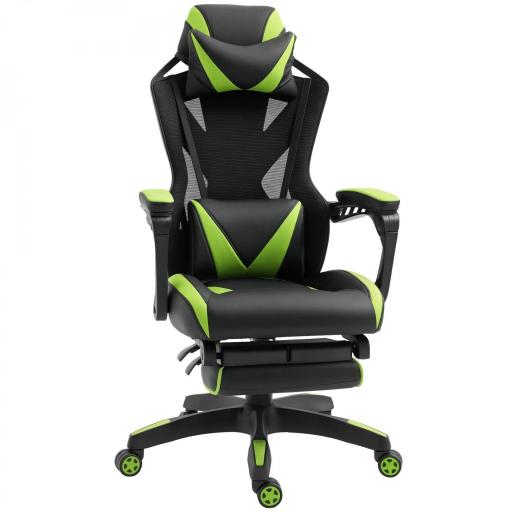 Silla Gaming Ergonómica Silla de Escritorio para Oficina con Altura Ajustable Respaldo Regulable de 170° Almohada Lumbar y Reposapiés Retráctil 65x70x117-125 cm Verde [8]