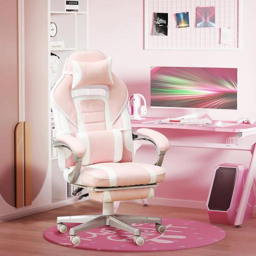 Silla Gamer Reclinable con Altura Ajustable Reposapiés Retráctil Soporte Lumbar y Reposacabezas Desmontable Rosa