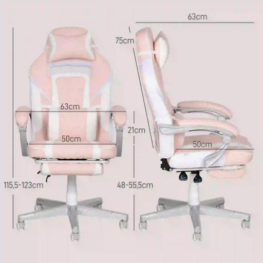 Silla Gamer Reclinable con Altura Ajustable Reposapiés Retráctil Soporte Lumbar y Reposacabezas Desmontable Rosa [1]