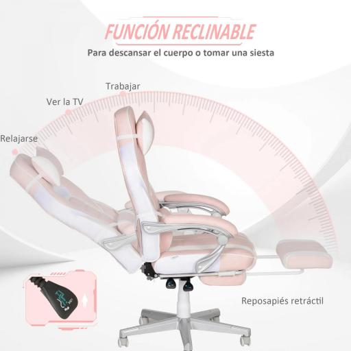Silla Gamer Reclinable con Altura Ajustable Reposapiés Retráctil Soporte Lumbar y Reposacabezas Desmontable Rosa [2]