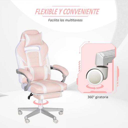 Silla Gamer Reclinable con Altura Ajustable Reposapiés Retráctil Soporte Lumbar y Reposacabezas Desmontable Rosa [3]