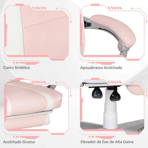 Silla Gamer Reclinable con Altura Ajustable Reposapiés Retráctil Soporte Lumbar y Reposacabezas Desmontable Rosa [4]