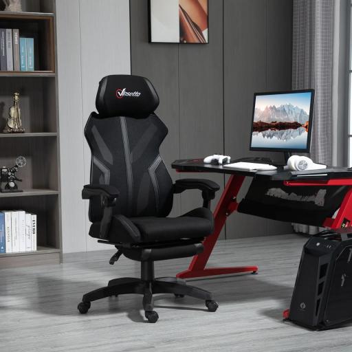 Silla Gaming con Reposapiés Retráctil Silla de Oficina Giratoria Reclinable con Reposacabezas y Altura Ajustable 65x65x119-129 cm Negro
