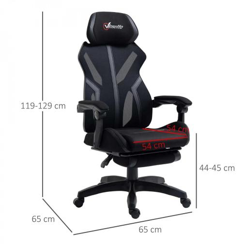 Silla Gaming con Reposapiés Retráctil Silla de Oficina Giratoria Reclinable con Reposacabezas y Altura Ajustable 65x65x119-129 cm Negro [1]