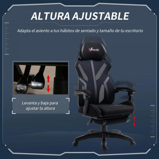 Silla Gaming con Reposapiés Retráctil Silla de Oficina Giratoria Reclinable con Reposacabezas y Altura Ajustable 65x65x119-129 cm Negro [3]