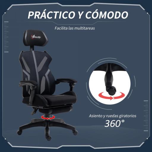 Silla Gaming con Reposapiés Retráctil Silla de Oficina Giratoria Reclinable con Reposacabezas y Altura Ajustable 65x65x119-129 cm Negro [2]