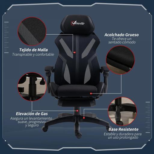 Silla Gaming con Reposapiés Retráctil Silla de Oficina Giratoria Reclinable con Reposacabezas y Altura Ajustable 65x65x119-129 cm Negro [5]