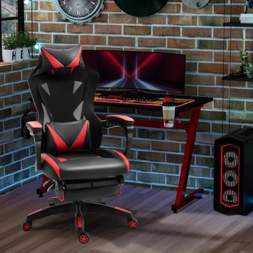 Silla Gaming Ergonómica Silla de Escritorio para Oficina con Altura Ajustable Respaldo Regulable de 170° Almohada Lumbar y Reposapiés Retráctil 65x70x117-125 cm Rojo