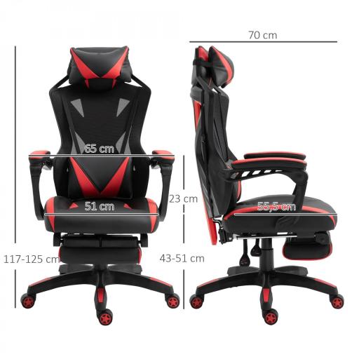 Silla Gaming Ergonómica Silla de Escritorio para Oficina con Altura Ajustable Respaldo Regulable de 170° Almohada Lumbar y Reposapiés Retráctil 65x70x117-125 cm Rojo [3]