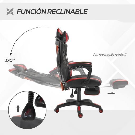 Silla Gaming Ergonómica Silla de Escritorio para Oficina con Altura Ajustable Respaldo Regulable de 170° Almohada Lumbar y Reposapiés Retráctil 65x70x117-125 cm Rojo [6]