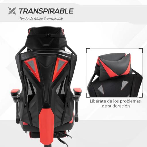 Silla Gaming Ergonómica Silla de Escritorio para Oficina con Altura Ajustable Respaldo Regulable de 170° Almohada Lumbar y Reposapiés Retráctil 65x70x117-125 cm Rojo [2]